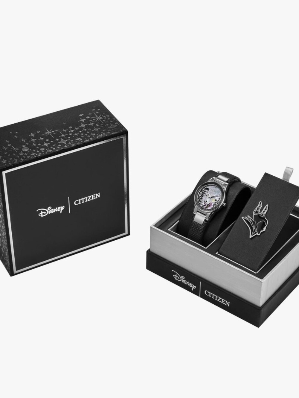 Disney Women's Eco Drive Maleficent's Charm Box Set, Disney Villains, Stainless